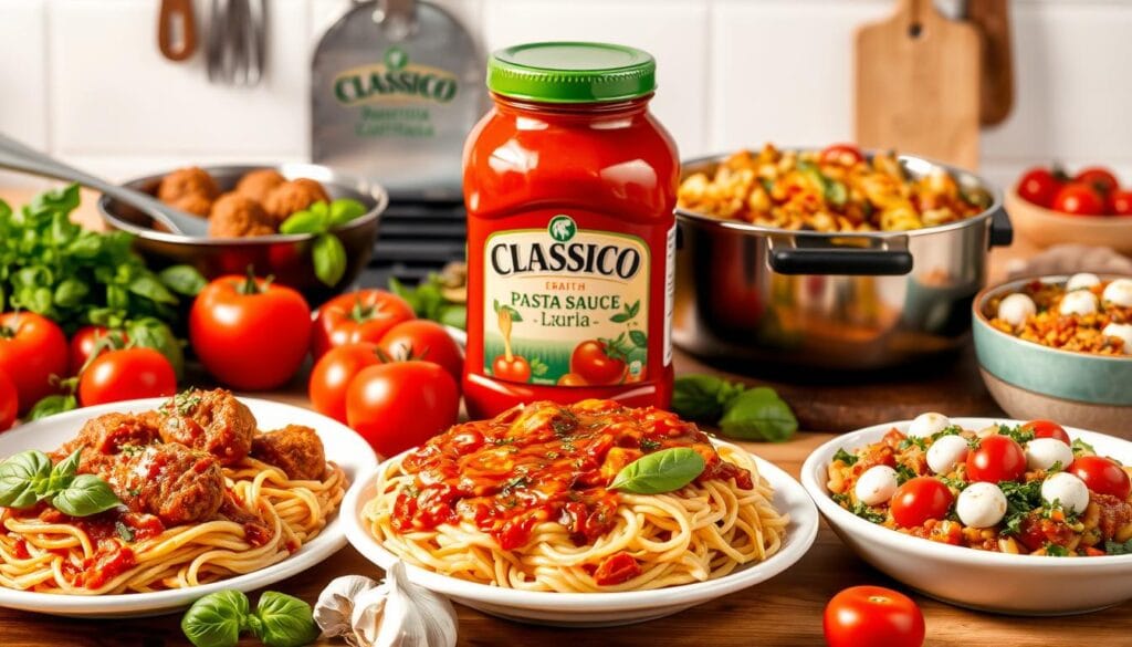 classico Pasta Sauce jar standing upright with its authentic barilla packaging, next to a plates of pasta types