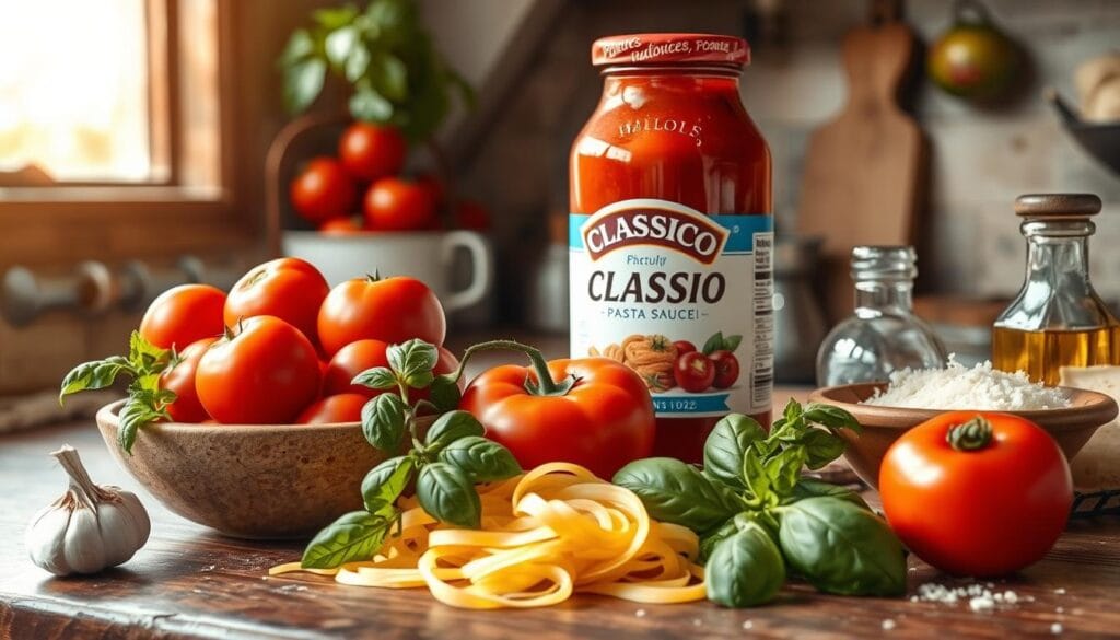 A jar of classico Pasta Sauce with a vibrant red label, placed on a rustic wooden table alongside fresh tomatoes and basil leaves.
