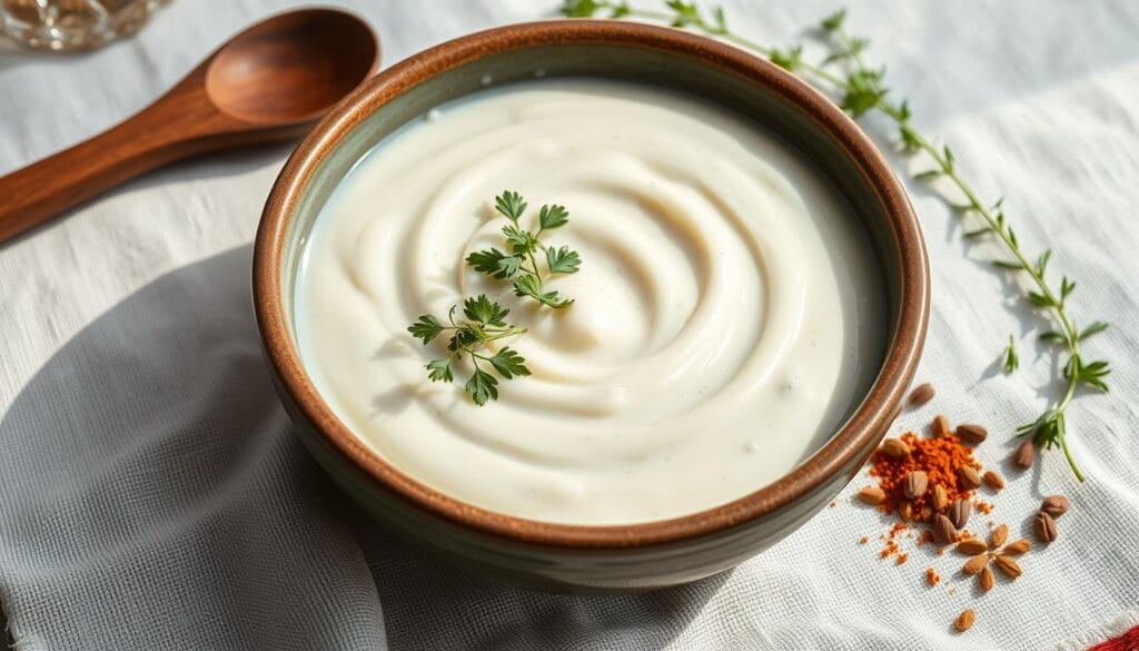 A jar of smooth cottage cheese sauce with a wooden spoon and fresh herbs on the side.