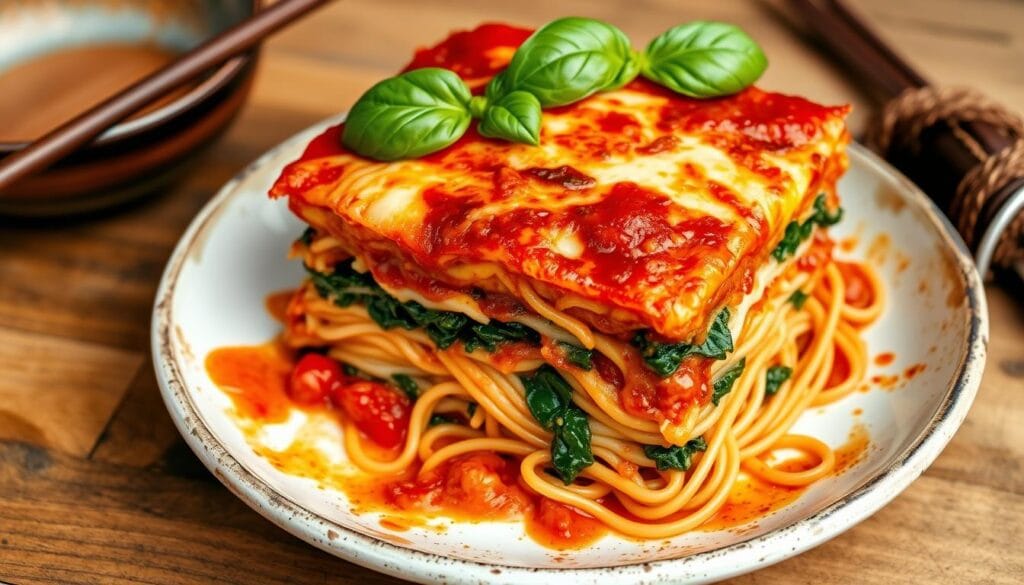 Vegetarian ramen noodle lasagna recipe featuring layers of vegetables, cheese, and noodles.