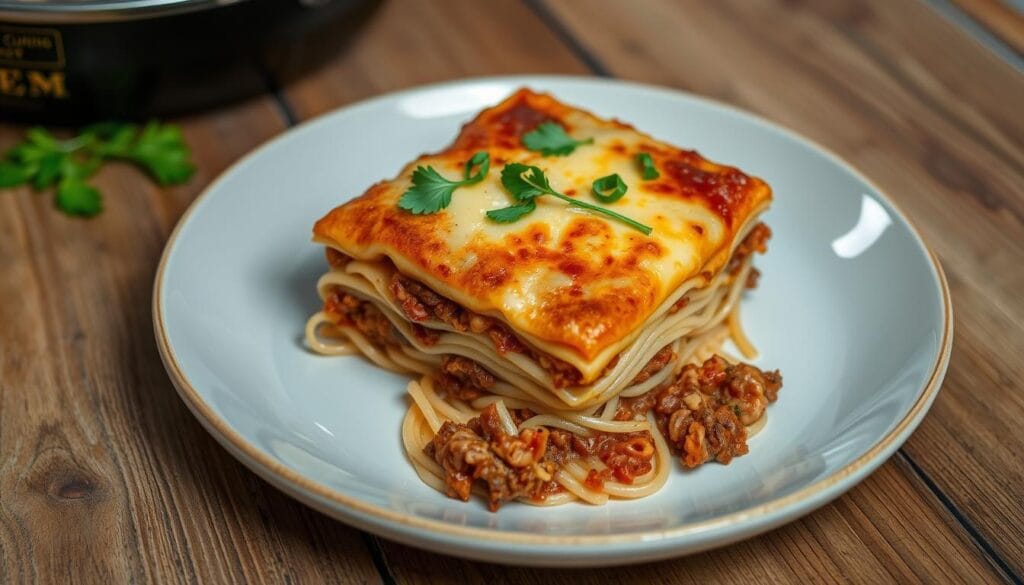 Fusion ramen lasagna baked with ground beef, tomato sauce, and mozzarella cheese.
