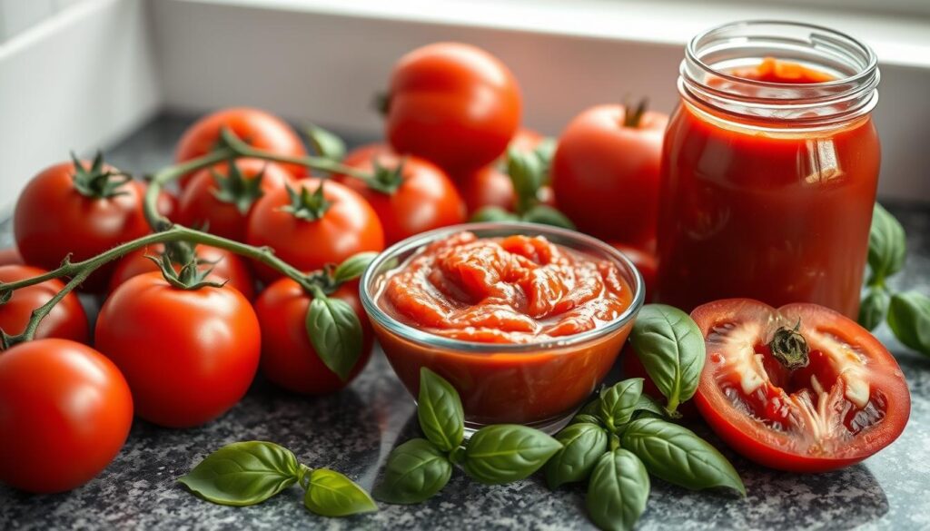 Tomato paste vs sauce displayed with fresh tomatoes and herbs.