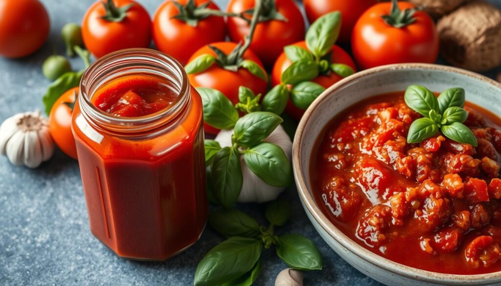 A jar of tomato sauce next to a bowl of tomato paste on a wooden table.
