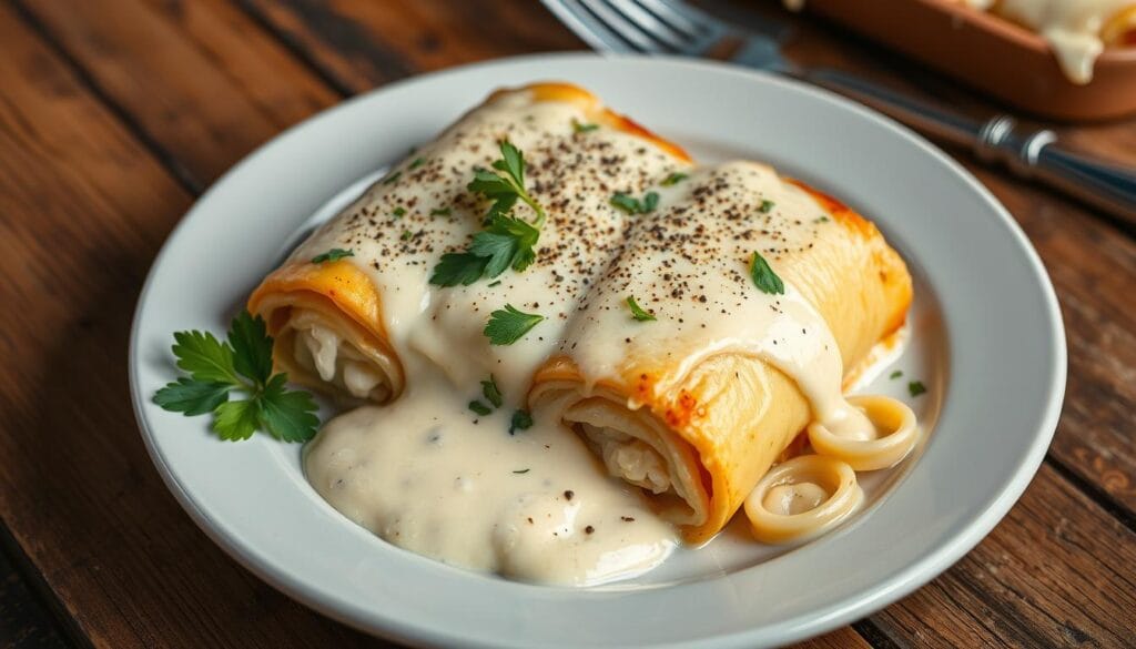 Close-up of chicken Alfredo lasagna rolls served on a white plate with parsley garnish.