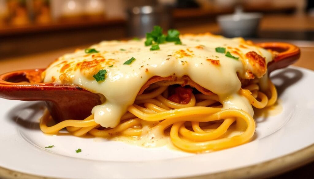 Plate of spaghetti covered in Alfredo sauce with fresh Parmesan.