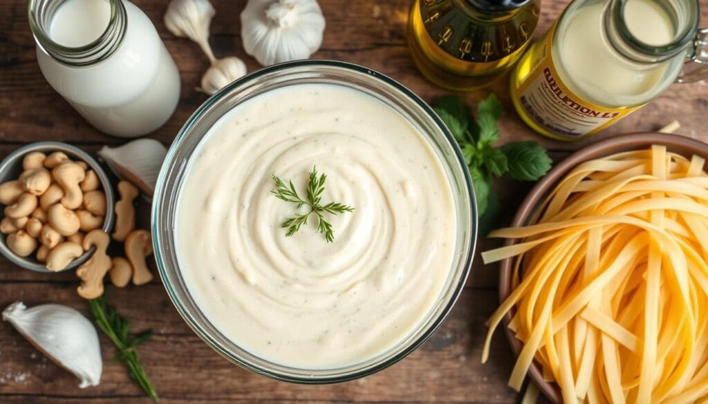 dairy free alfredo pasta sauce with ingredients on a table