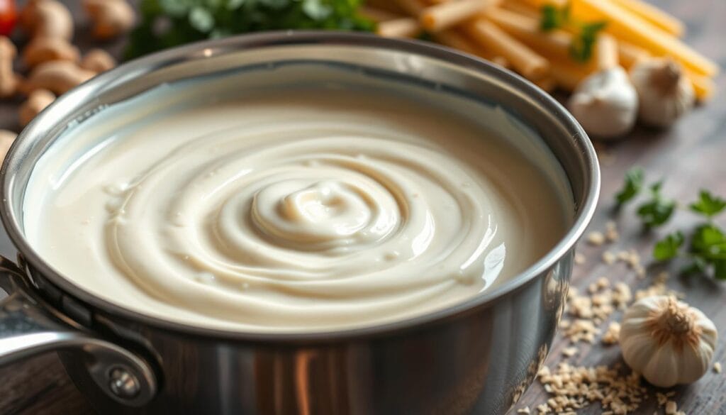 Homemade vegan Alfredo sauce made with almond milk and garlic.