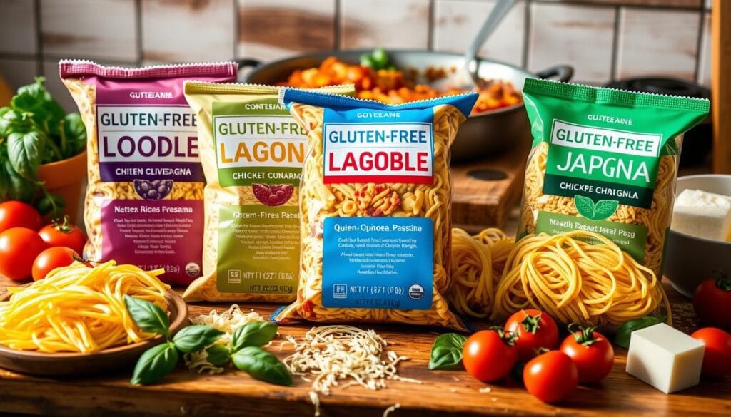 Different brands of gluten free lasagna noodles displayed on a countertop.
