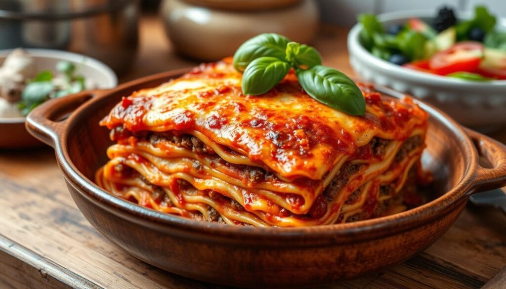 Layered ramen noodle lasagna with ground beef, cheese, and rich tomato sauce.