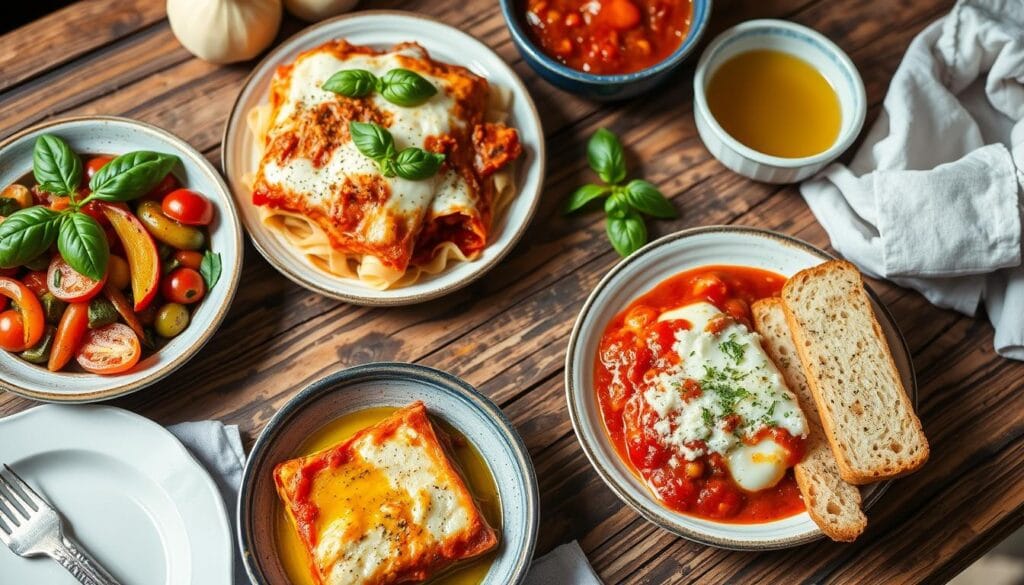 different Gluten free  lasagna type served on a white plate with basil garnish on  atable
