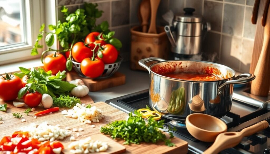 A bowl of glutenfree spaghetti sauce topped with homemade marinara sauce.