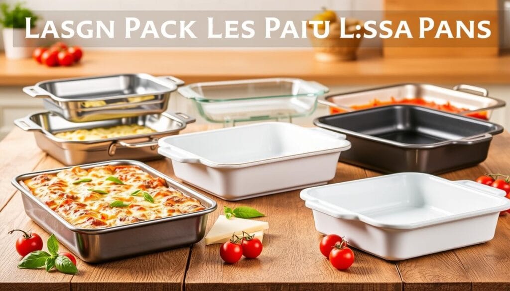 Various types of baking pans for lasagna, including glass, metal, and ceramic options.