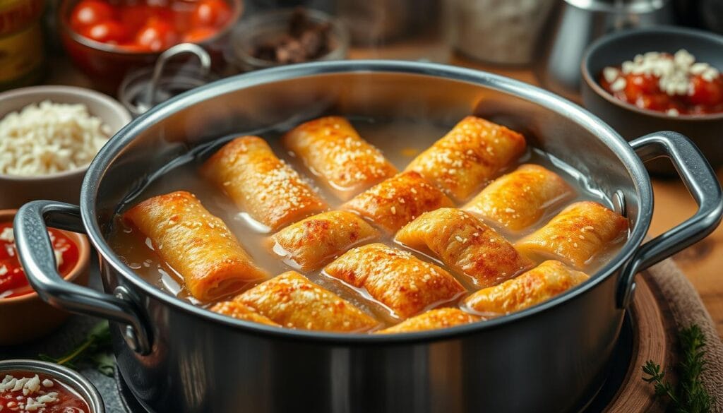 Close-up of lasagna fritta, lightly fried and topped with cheese and parsley.