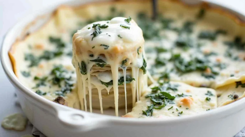 "Delicious Alfredo lasagna layered with creamy sauce, spinach, and chicken, ready to serve.