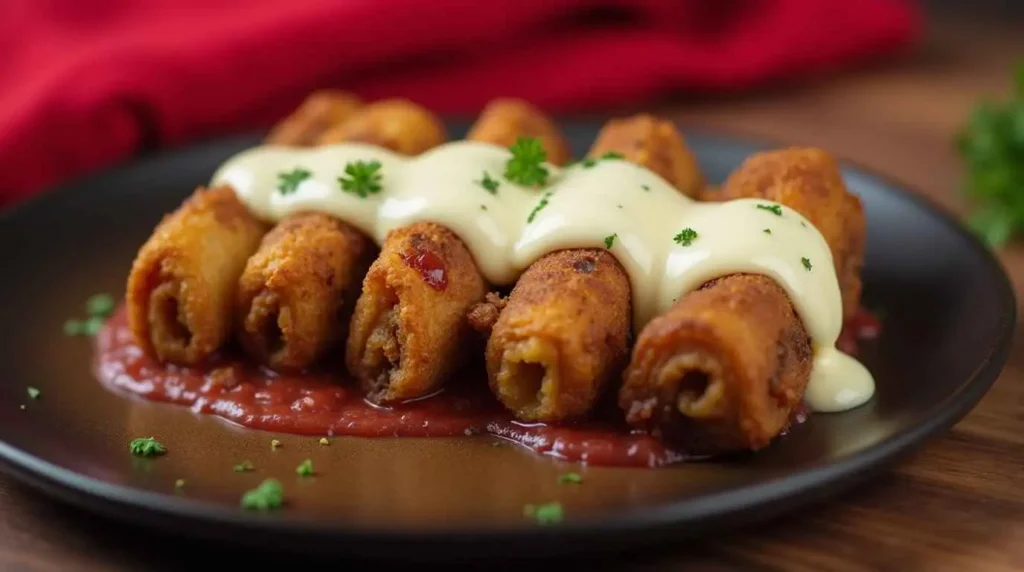 Crispy fried lasagna fritta served on a plate with creamy dipping sauces.