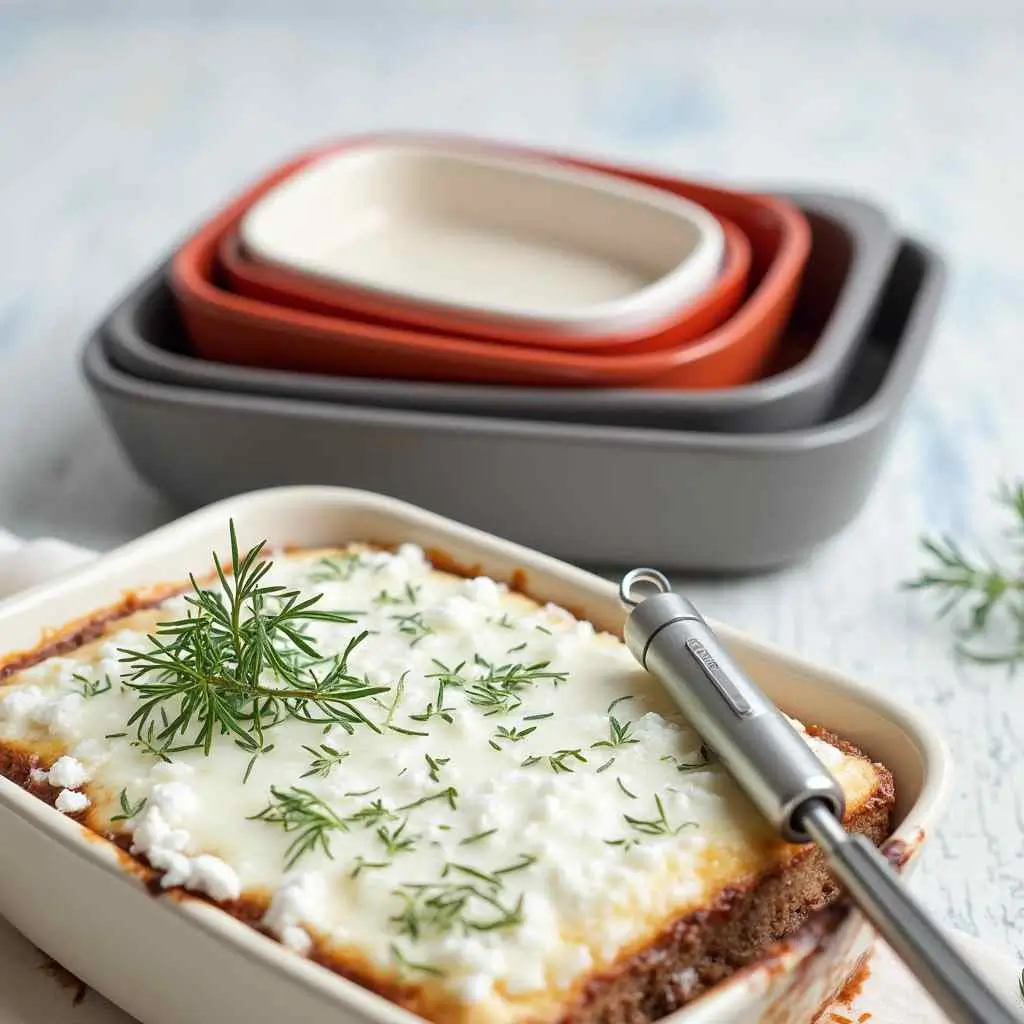  A deep ceramic baking pan filled with bubbling, golden-brown lasagna.