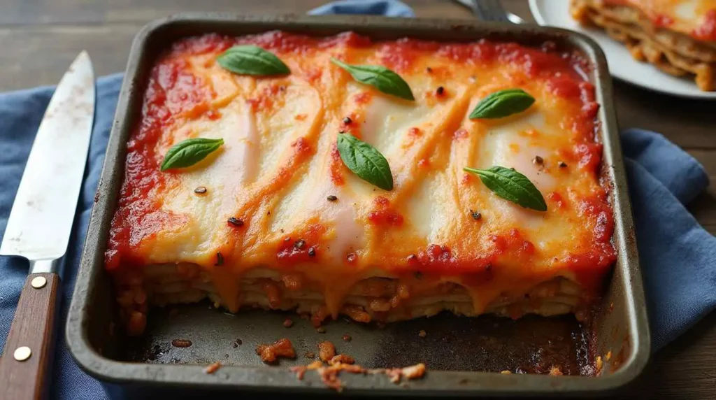 A close-up of a glass baking pan with freshly baked lasagna inside.