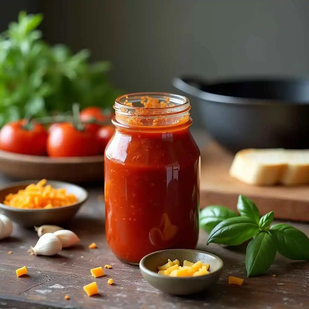 Close-up of a bowl of leftover spaghetti sauce, garnished with herbs and paired with a loaf of crusty bread.
