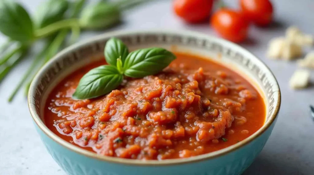 Close-up of tomato-based low sodium pasta sauce with herbs in a pot.