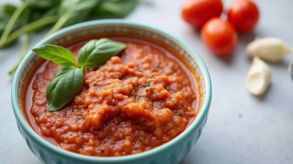 Jar of homemade low sodium pasta sauce with ingredients like tomatoes and garlic.
