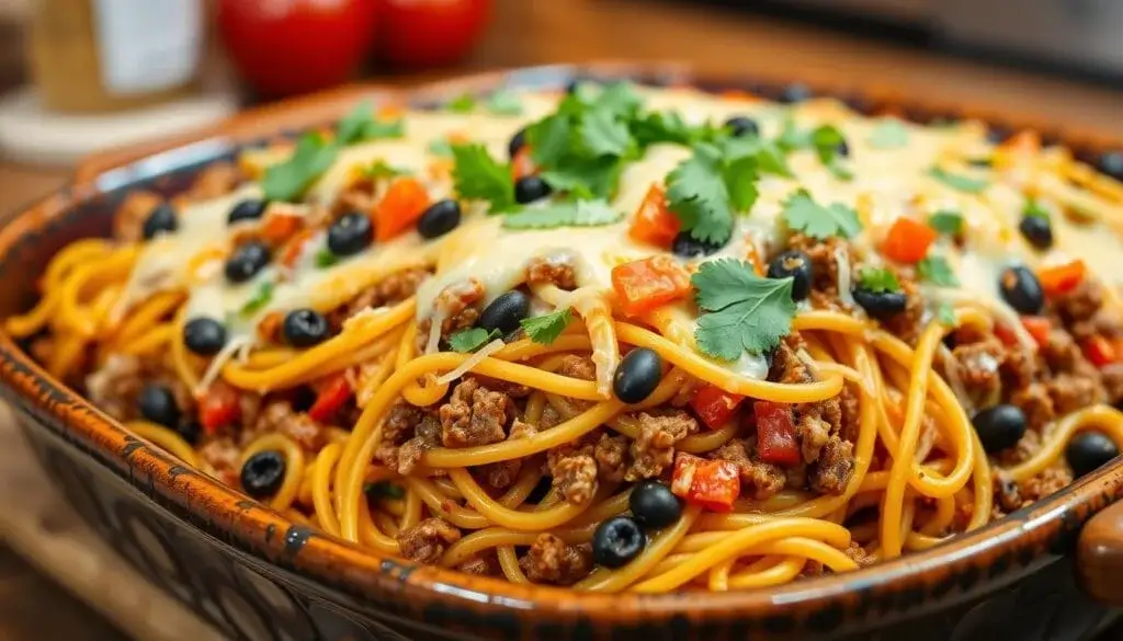 Taco spaghetti bake with ground beef, pasta, and creamy cheese.