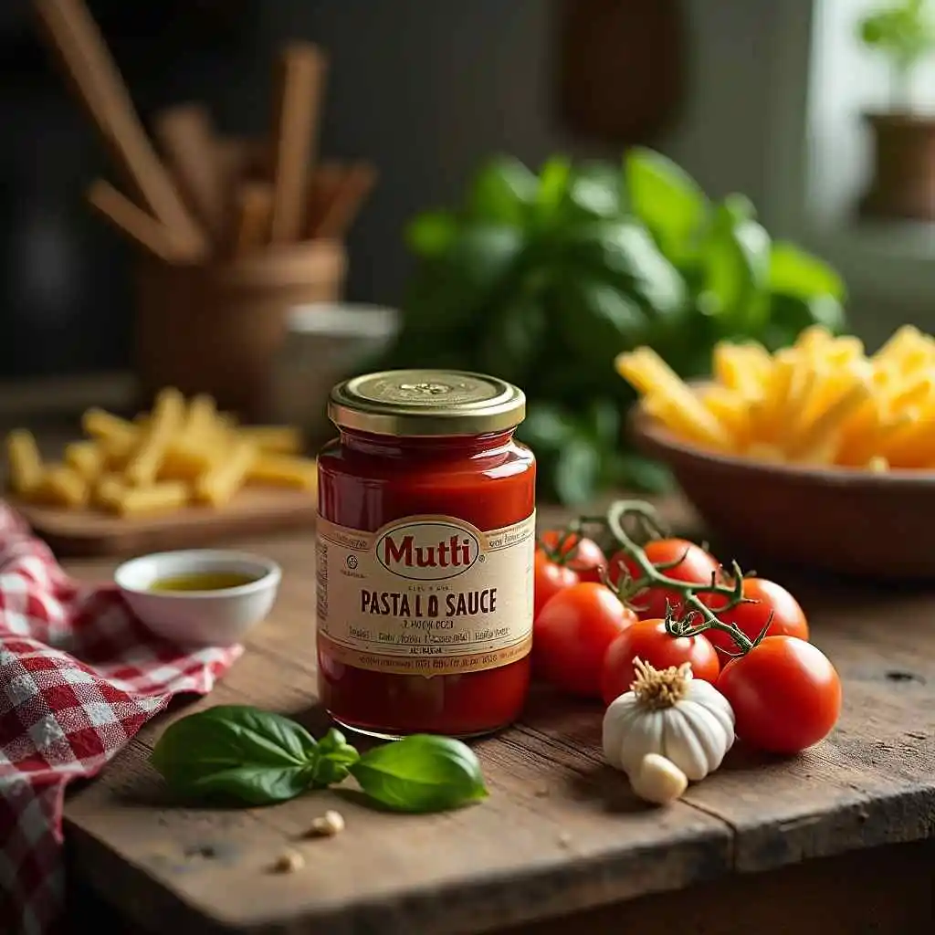 A jar of Mutti Pasta Sauce with a vibrant red label, placed on a rustic wooden table alongside fresh tomatoes and basil leaves.
