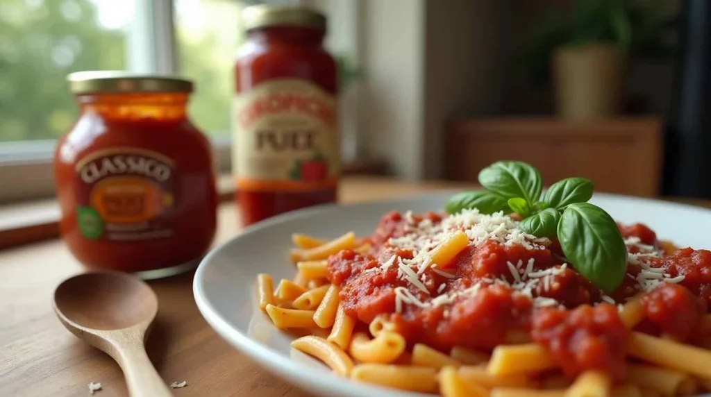 classico Pasta Sauce jar standing upright with its barilla packaging, next to a plate of spaghetti.