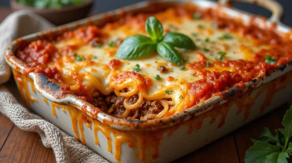 Ramen lasagna with ground beef in a baking dish, topped with melted cheese and fresh parsley.
