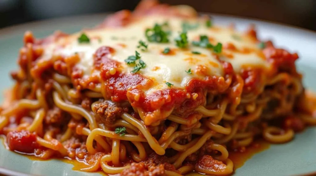 Close-up of ramen lasagna with ground beef and cheese