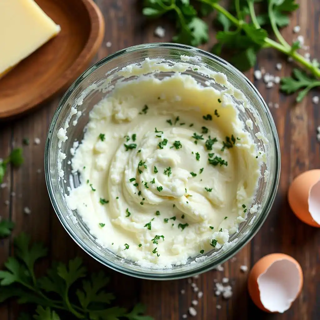 Glass bowl filled with freshly made ricotta mix, featuring herbs and grated cheese for a lasagna recipe.
