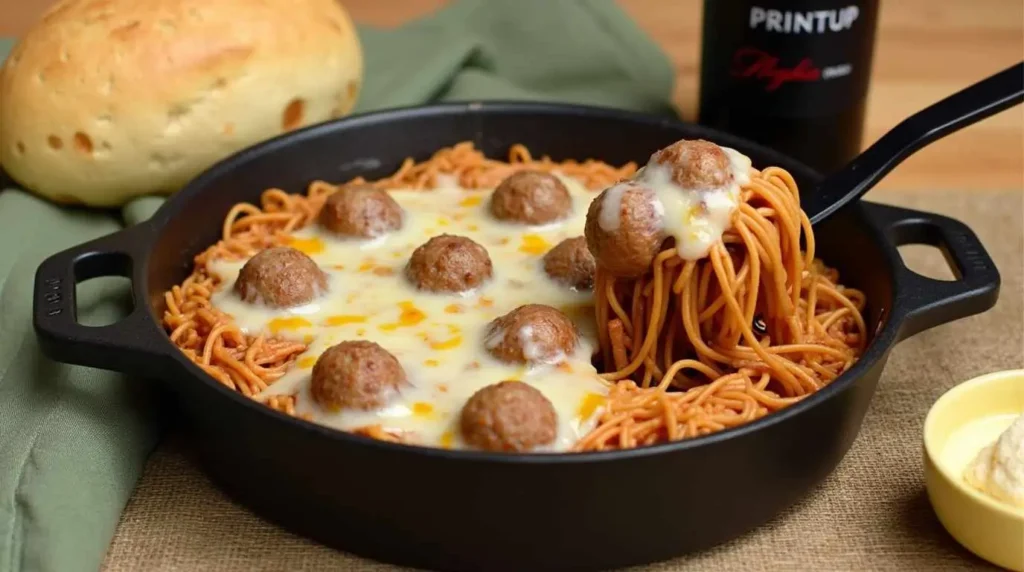  Close-up of cheesy baked spaghetti and juicy meatballs on a serving plate.