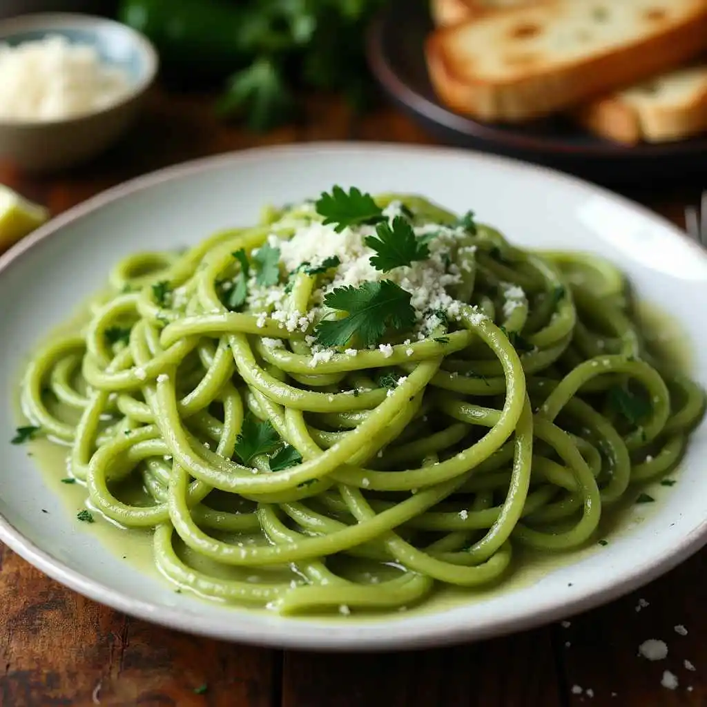 "Plate of vibrant green spaghetti coated in a creamy poblano sauce, garnished with fresh parsley and parmesan cheese.
