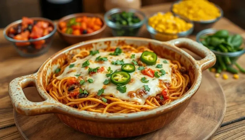 Cheesy taco spaghetti bake served fresh in a casserole dish.
