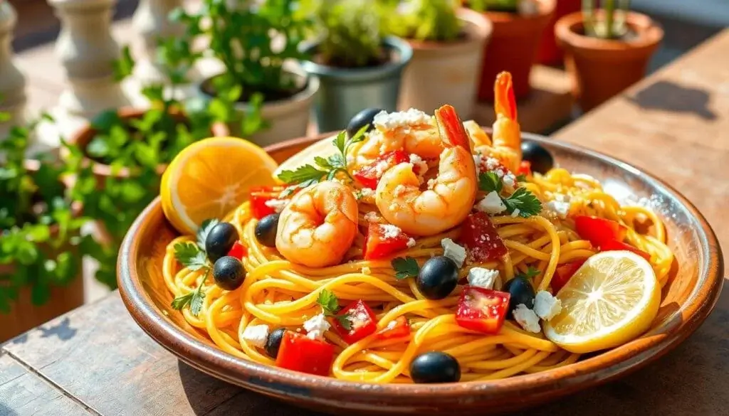 Creamy shrimp pasta with spaghetti, parmesan, and herbs.
