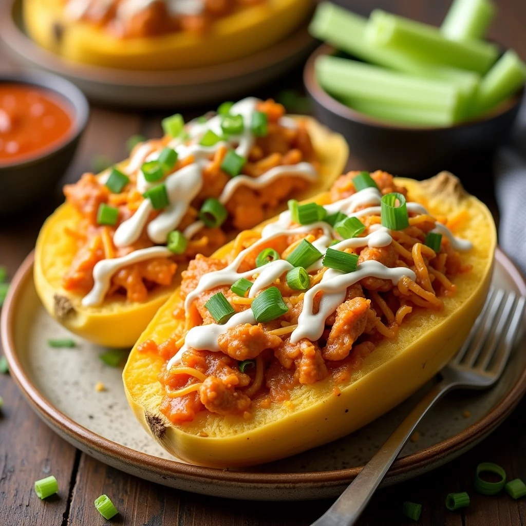 Golden baked spaghetti squash halves loaded with spicy buffalo chicken and melted cheddar cheese.