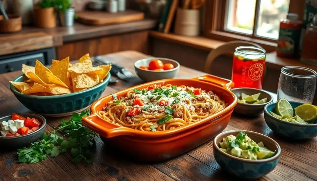 Perfectly baked taco spaghetti casserole with bubbling cheese.
