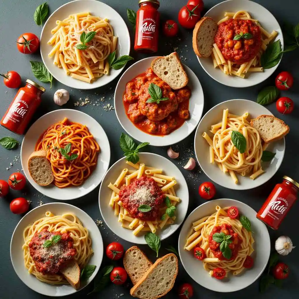 Homemade Italian variant type pasta dish featuring Mutti tomato sauce, spaghetti, and vibrant fresh herbs.
