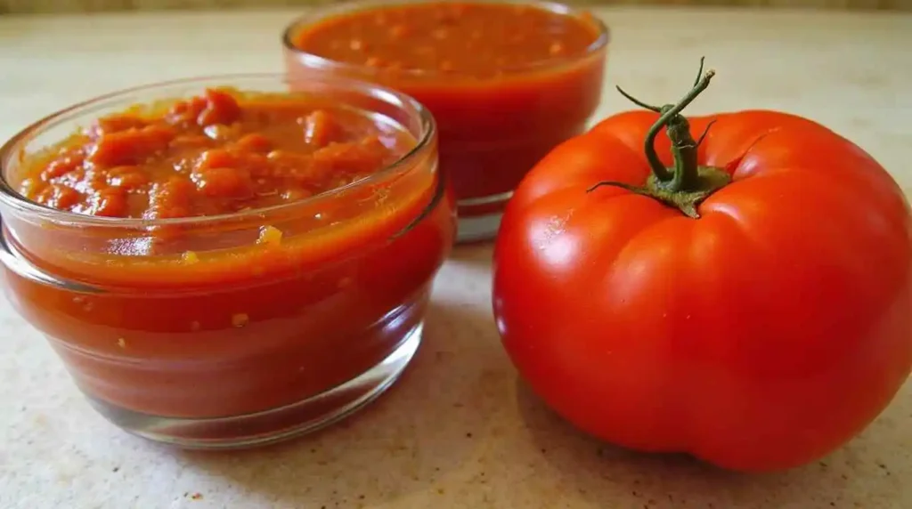 Close-up of a spoon scooping thick tomato paste from a jar.
