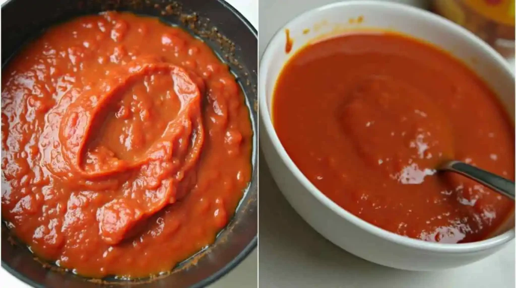 Comparison of tomato paste and sauce textures in small bowls.
