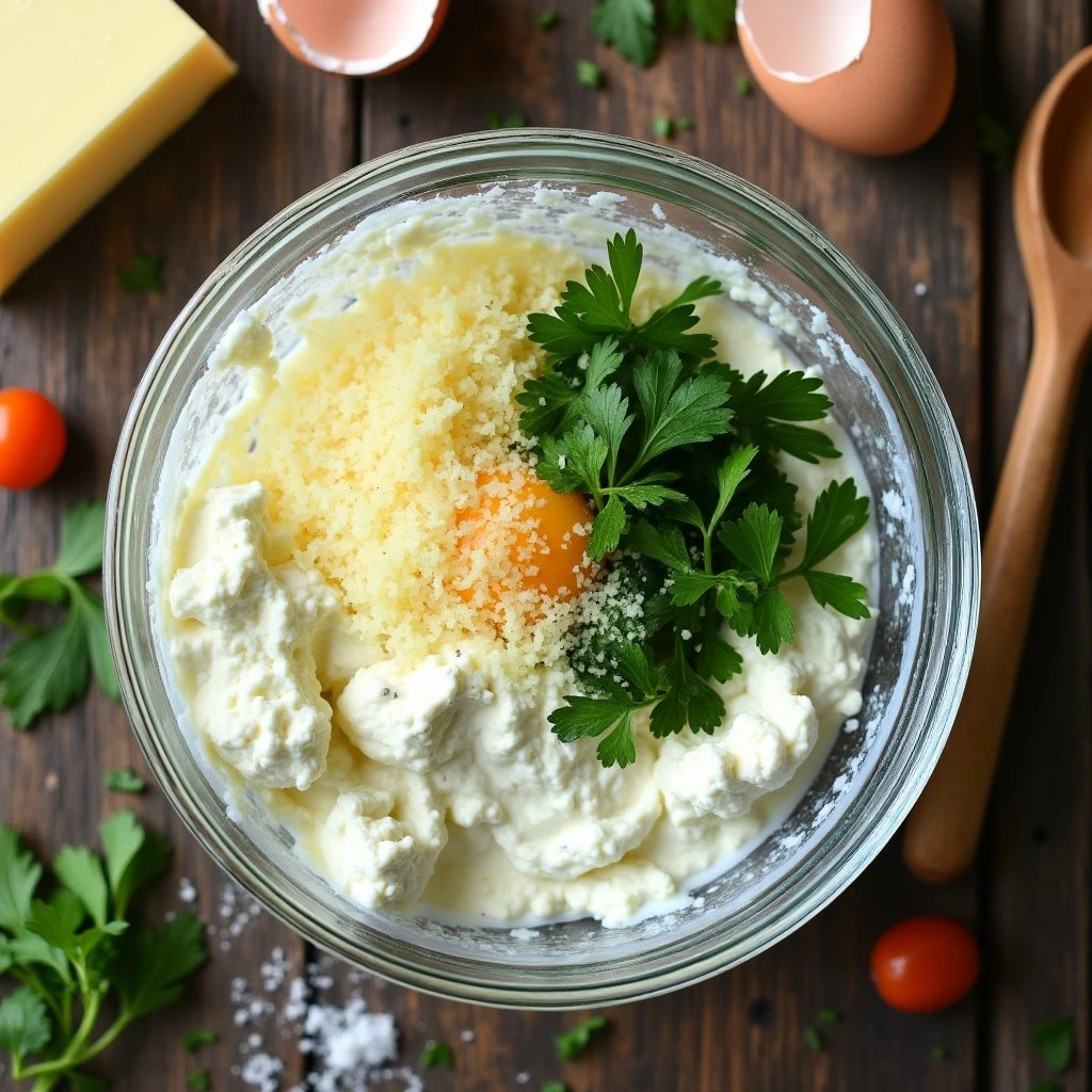 Close-up of a creamy ricotta cheese mixture with parsley, parmesan, and egg, prepared for lasagna layers.
