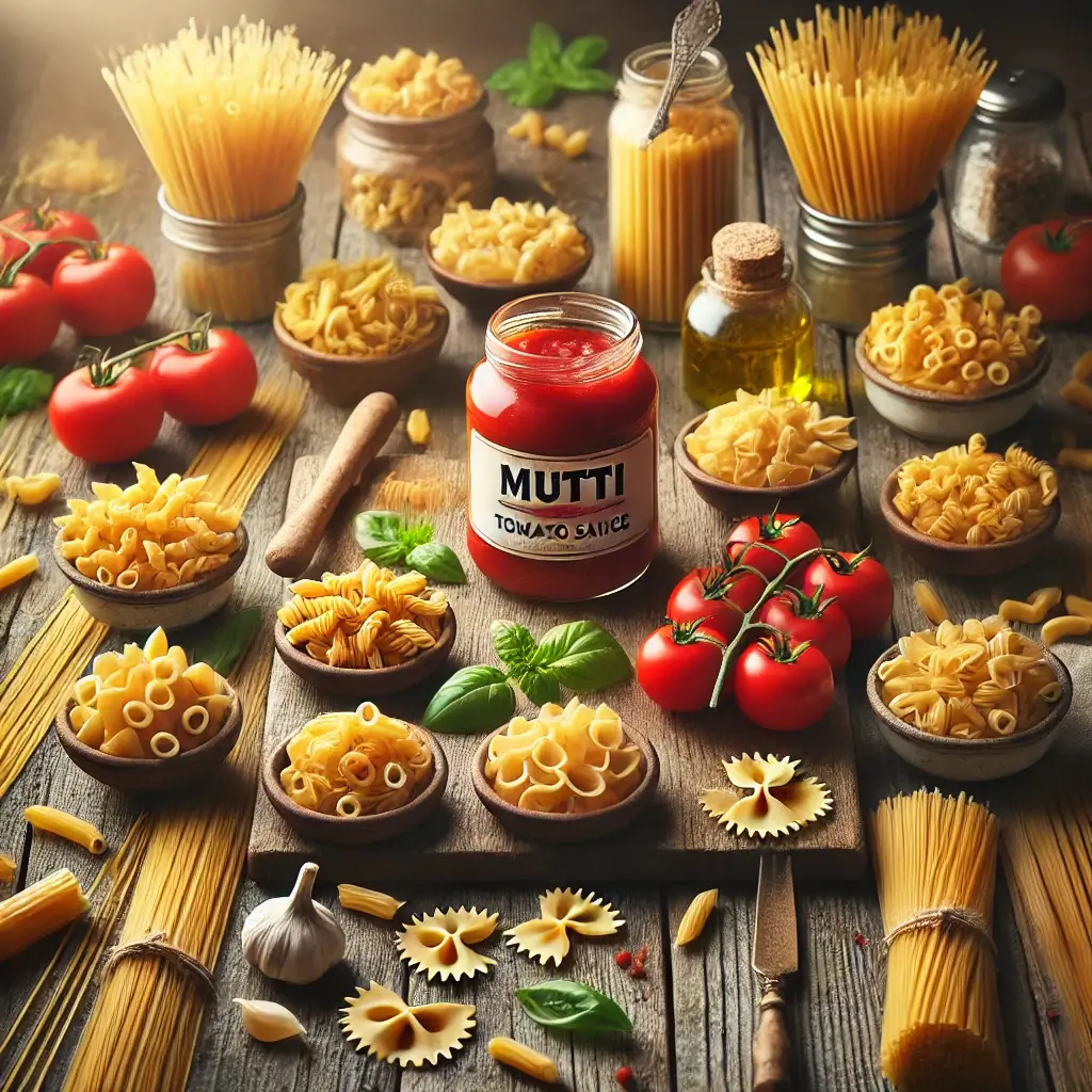 Mutti Pasta Sauce jar standing upright with its authentic Italian packaging, next to a plates of spaghetti types
