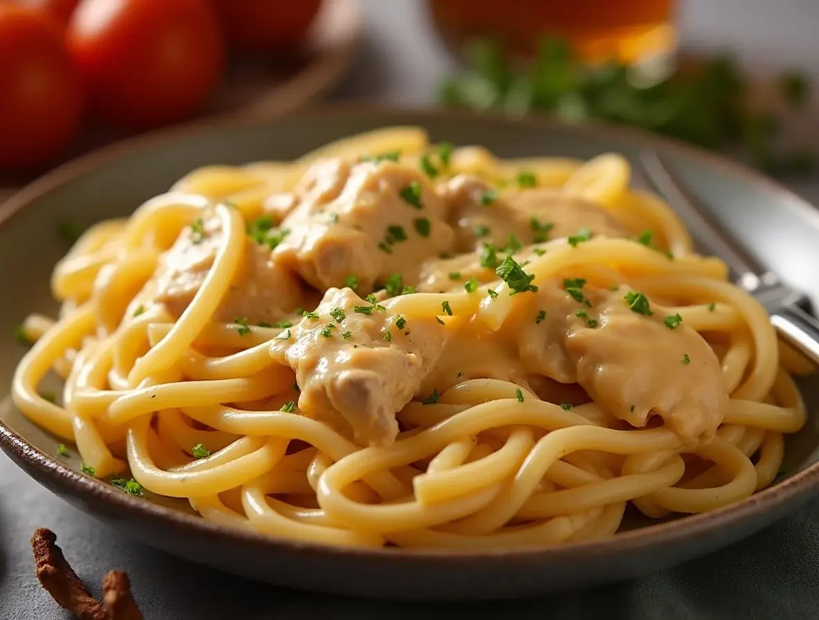 A plate of Velveeta chicken spaghetti, showcasing its creamy cheese sauce, tender chicken pieces, and vibrant bell peppers.
