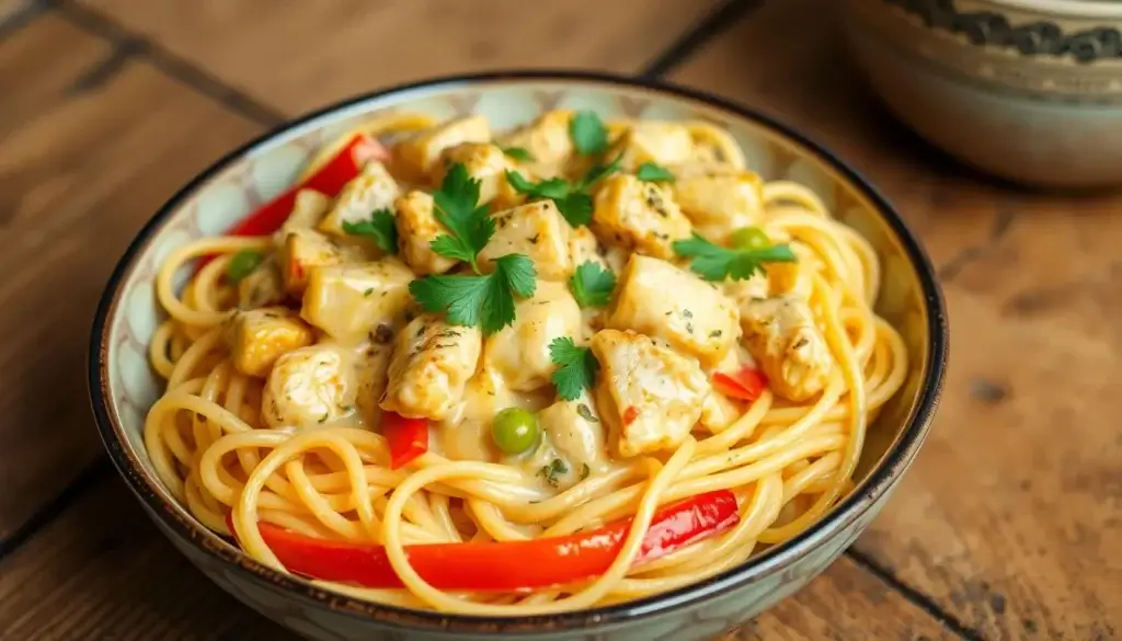 Close-up of creamy Velveeta chicken spaghetti on a fork, highlighting its cheesy texture and chunks of tender chicken and tomato