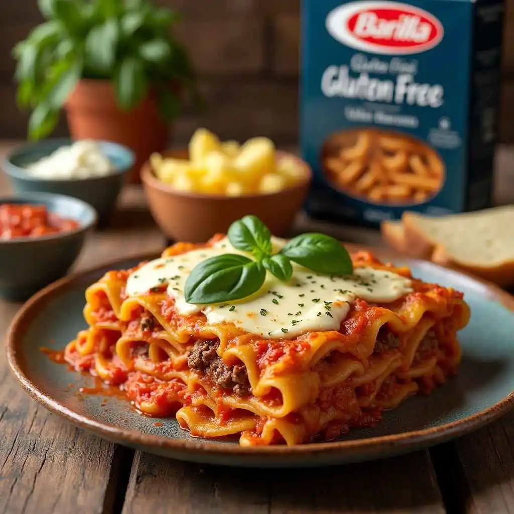 Cooked Barilla gluten-free lasagna noodles layered with meat sauce, ricotta cheese, and melted mozzarella.
