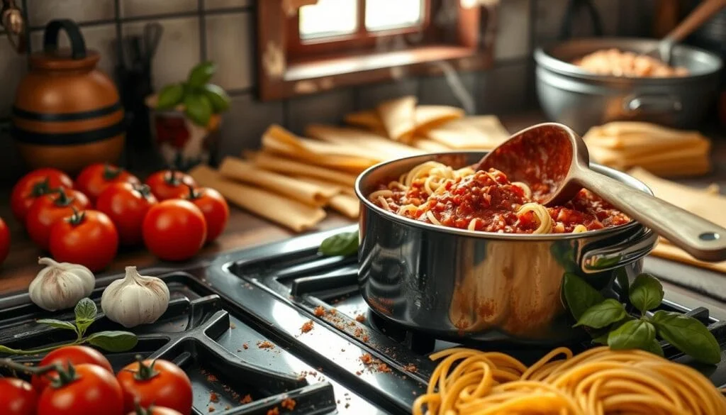 A rich Ragu spaghetti sauce simmering in a pot with fresh herbs and spices.