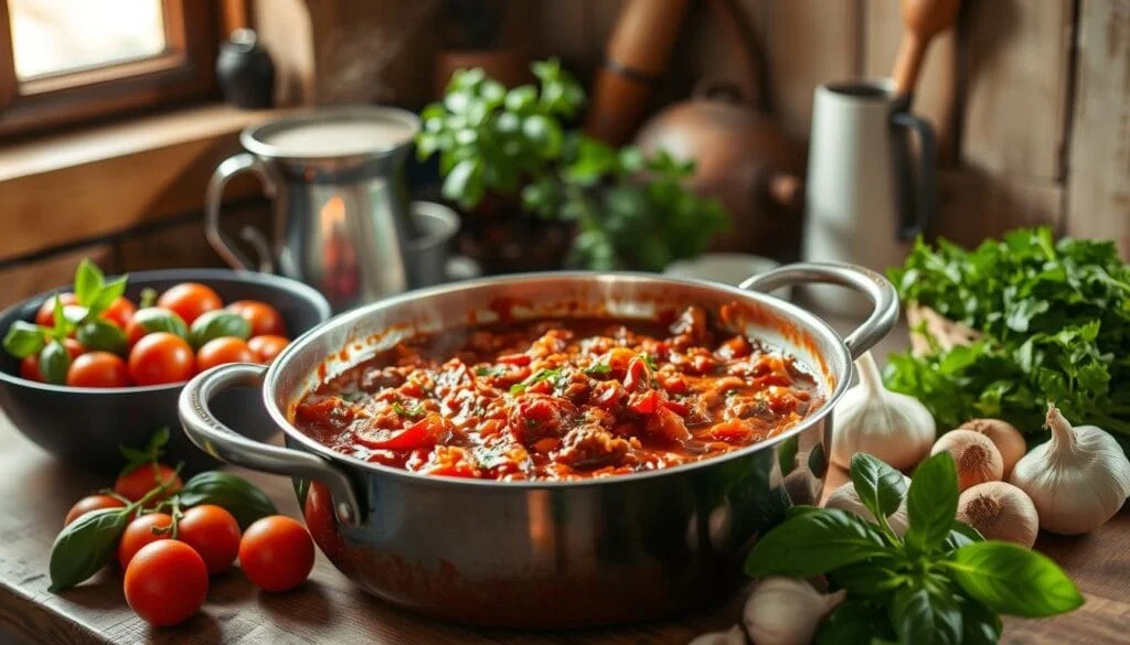 Close-up of Ragu sauce with ground beef, tomatoes, and aromatic herbs.