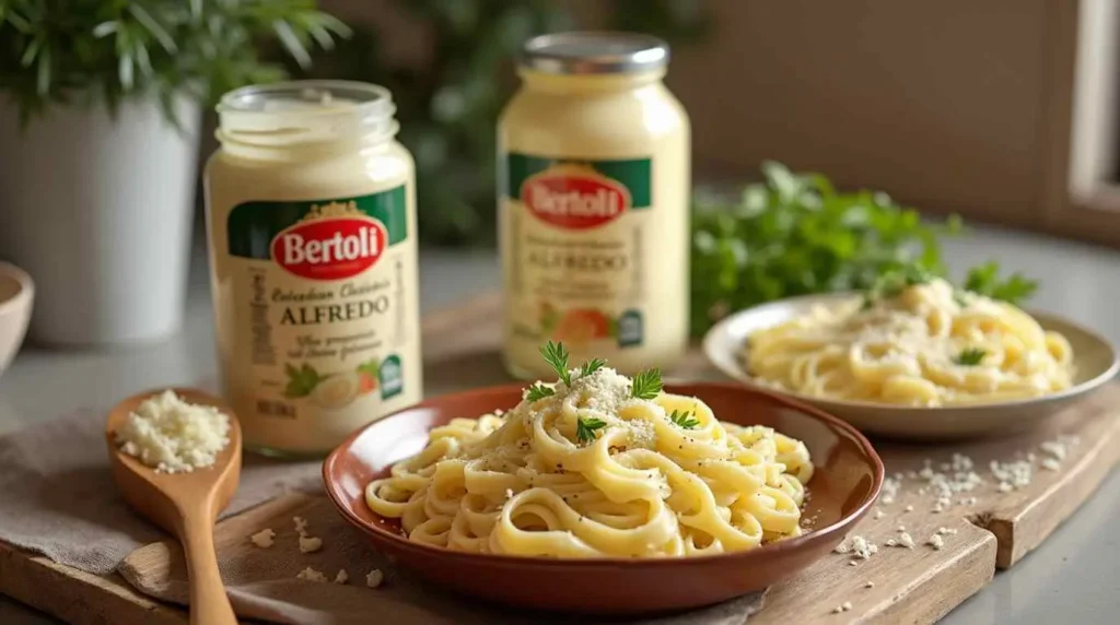 Jar of Bertolli Alfredo Sauce with a plate of pasta 