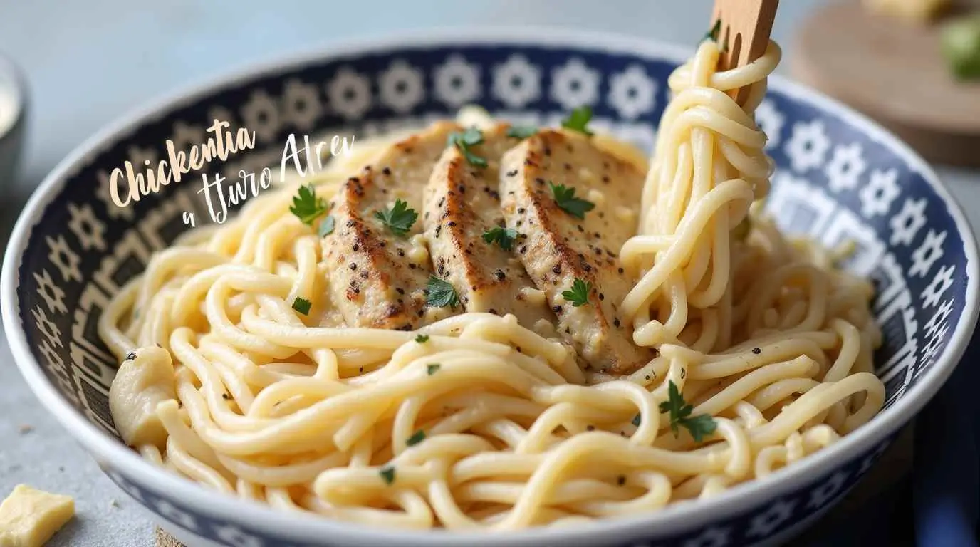 Alfredo spaghetti in a bowl with chicken ready to serve