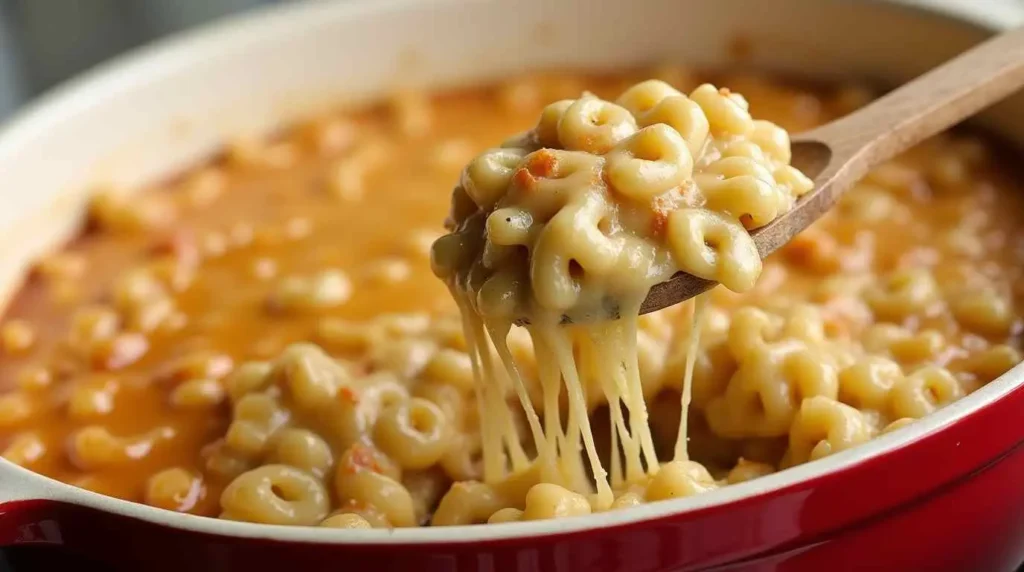 Béchamel mac and cheese sauce in a red casserole dish, with gooey cheese and macaroni being scooped out.