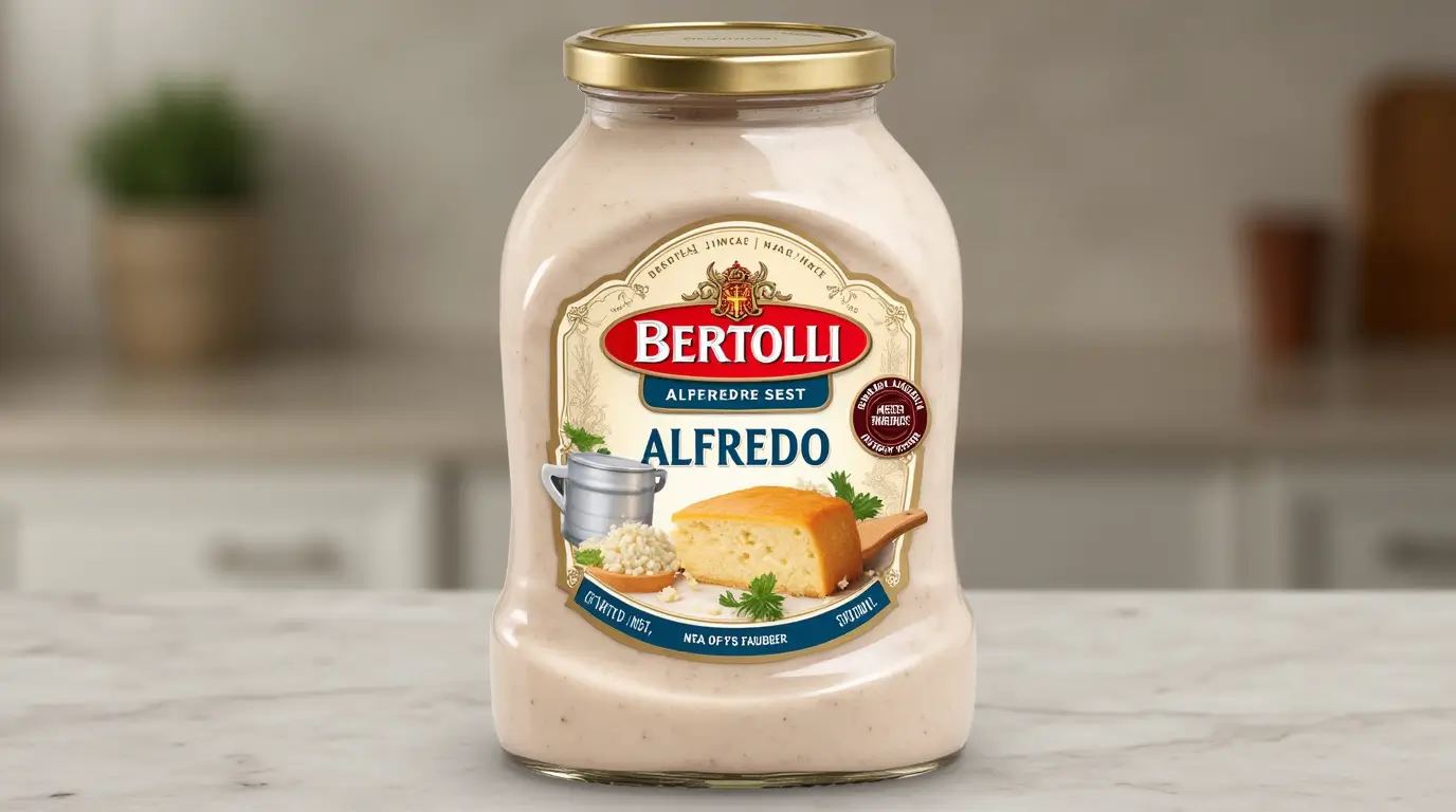 Bertolli Alfredo Sauce jar on a kitchen counter with pasta and cooking instructions.